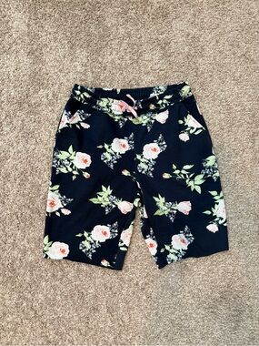 LuLaRoe Jamie French Terry Floral Navy Knit Lounge Shorts with Pink Drawstring